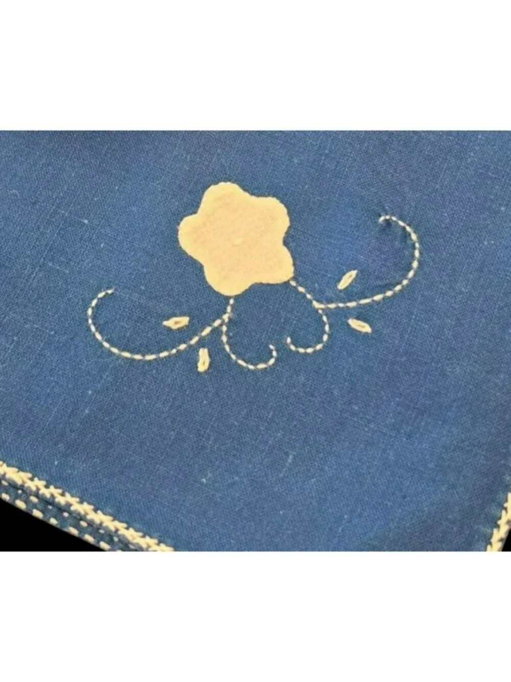 Vintage Blue Linen Napkins Set (8) w White Floral Embroidery & Appliqué 16